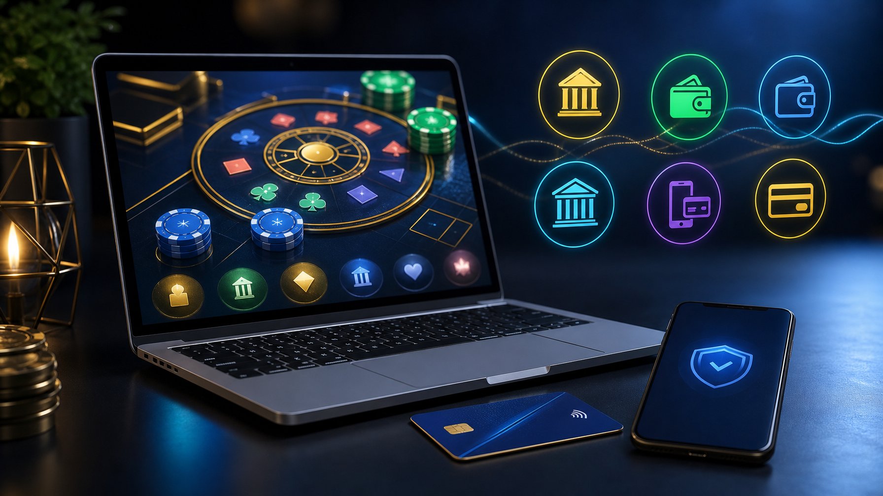 Laptop dan ponsel menampilkan konsep hiburan digital di samping kartu pembayaran serta simbol pembayaran elektronik umum.