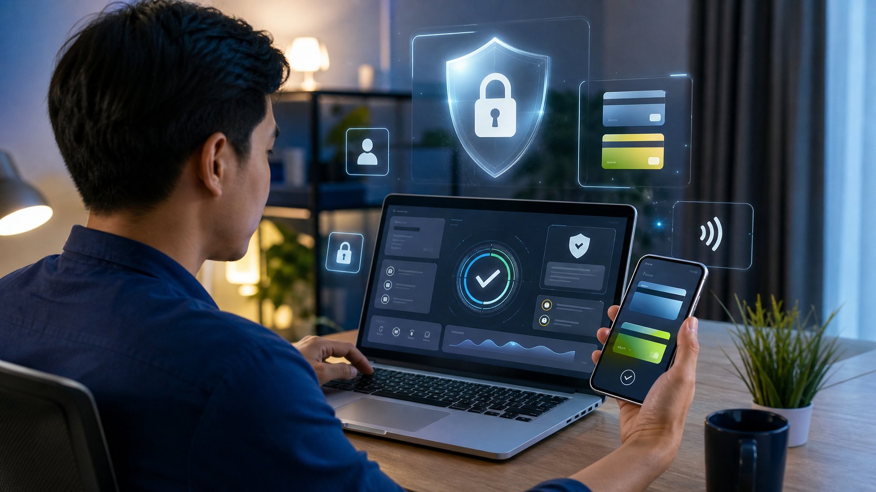 Seseorang menggunakan laptop dan ponsel dengan simbol keamanan serta metode pembayaran digital di meja kerja.