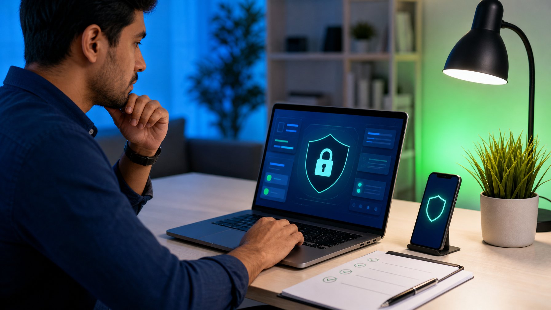 Seseorang memeriksa platform digital yang aman di laptop dengan simbol perlindungan siber.