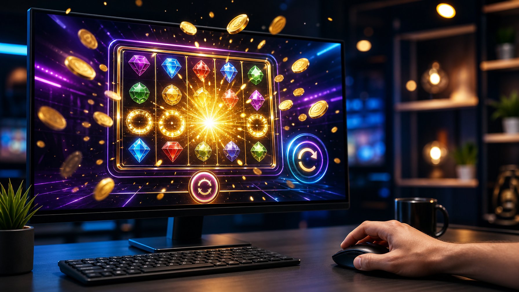 Meja kerja modern dengan monitor menampilkan permainan slot digital abstrak yang dikelilingi cahaya keemasan dan efek kemenangan.