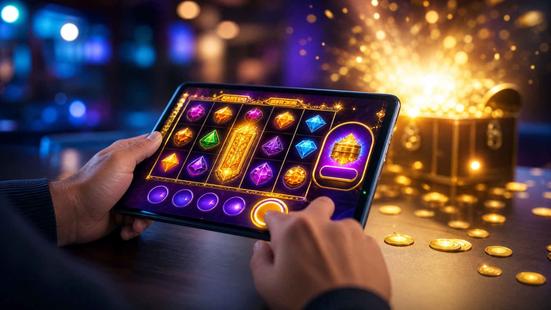Tangan orang dewasa menggunakan tablet dengan tampilan permainan slot bercahaya dan efek hadiah jackpot.
