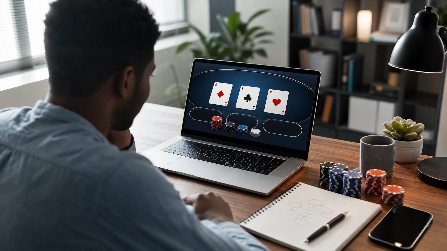 Seorang pemula mempelajari permainan poker tiga kartu melalui laptop di meja kerja dengan kartu dan menjaga poker.