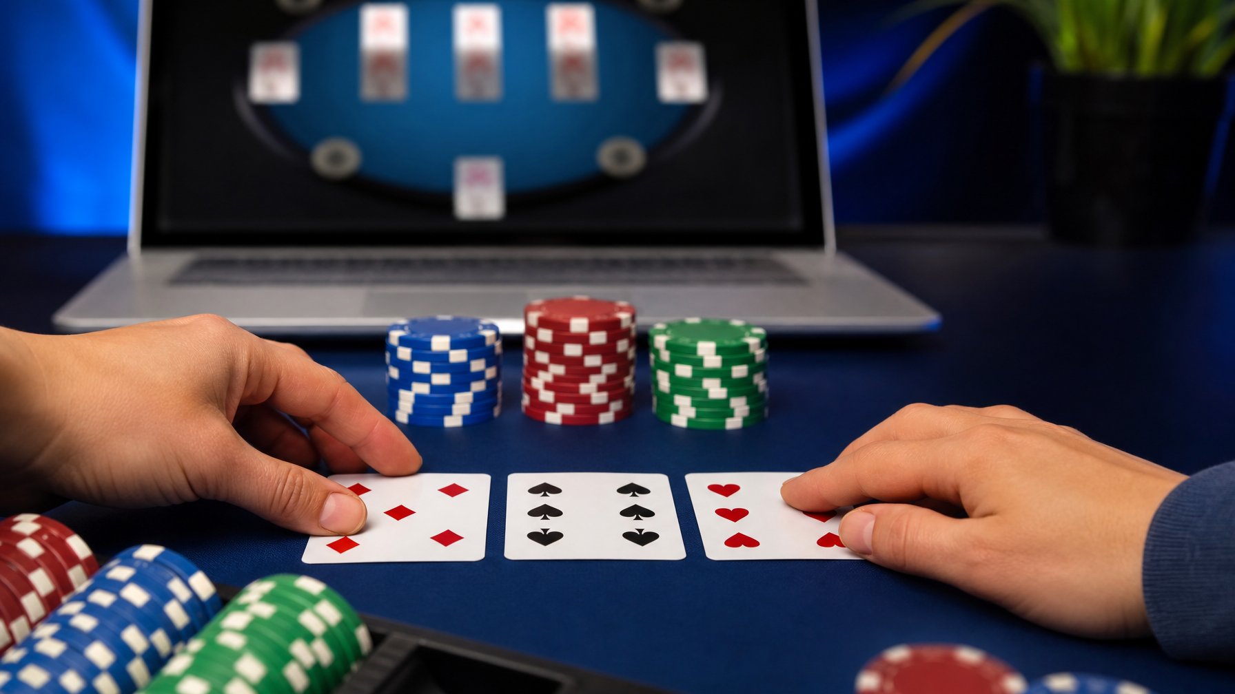 Tiga kartu remi, keping poker, dan laptop dengan tampilan permainan kartu yang buram di atas meja.