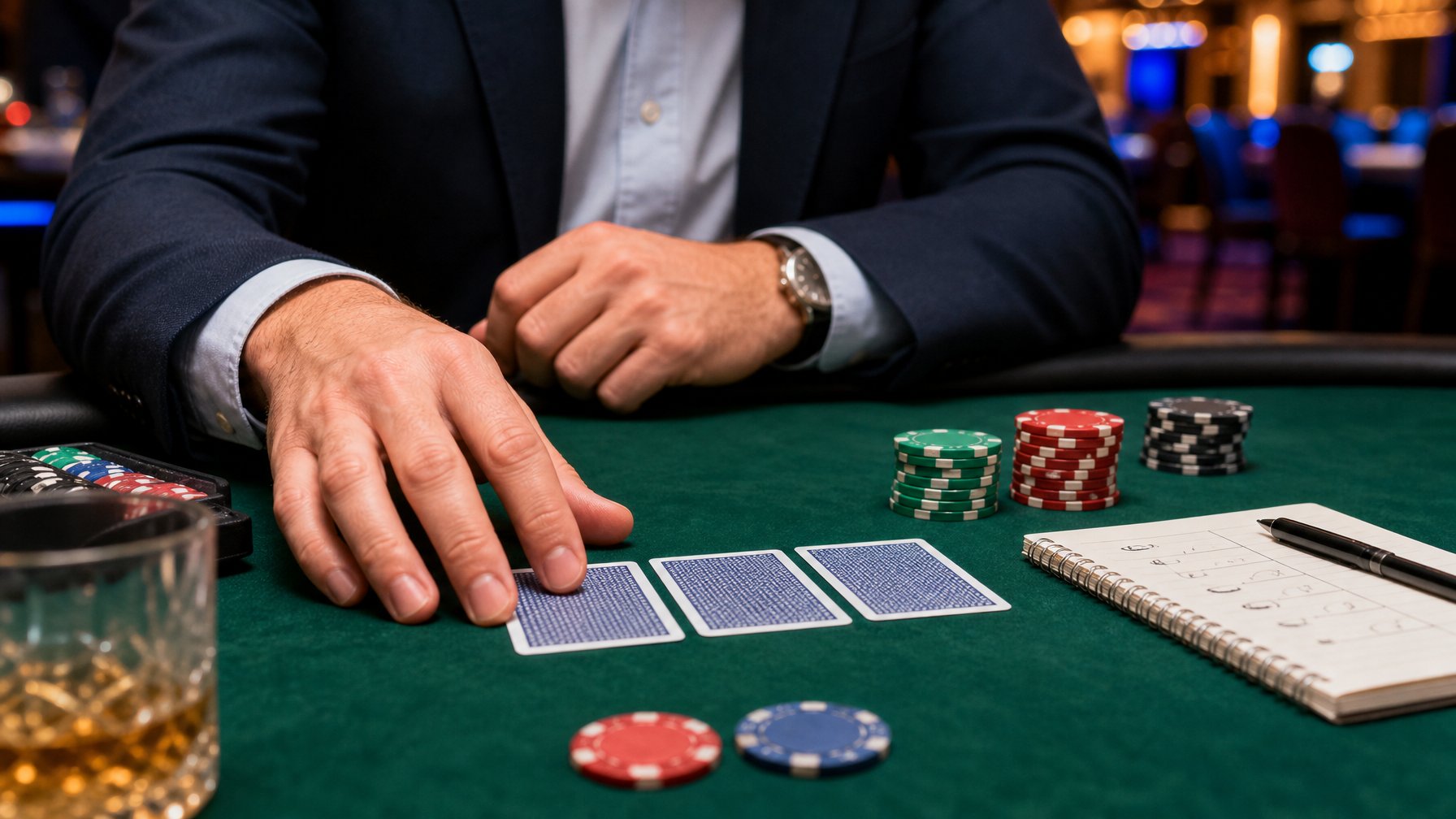 Tangan pemain menata kartu dan menjaga poker di atas meja hijau dalam suasana ruang permainan yang profesional.