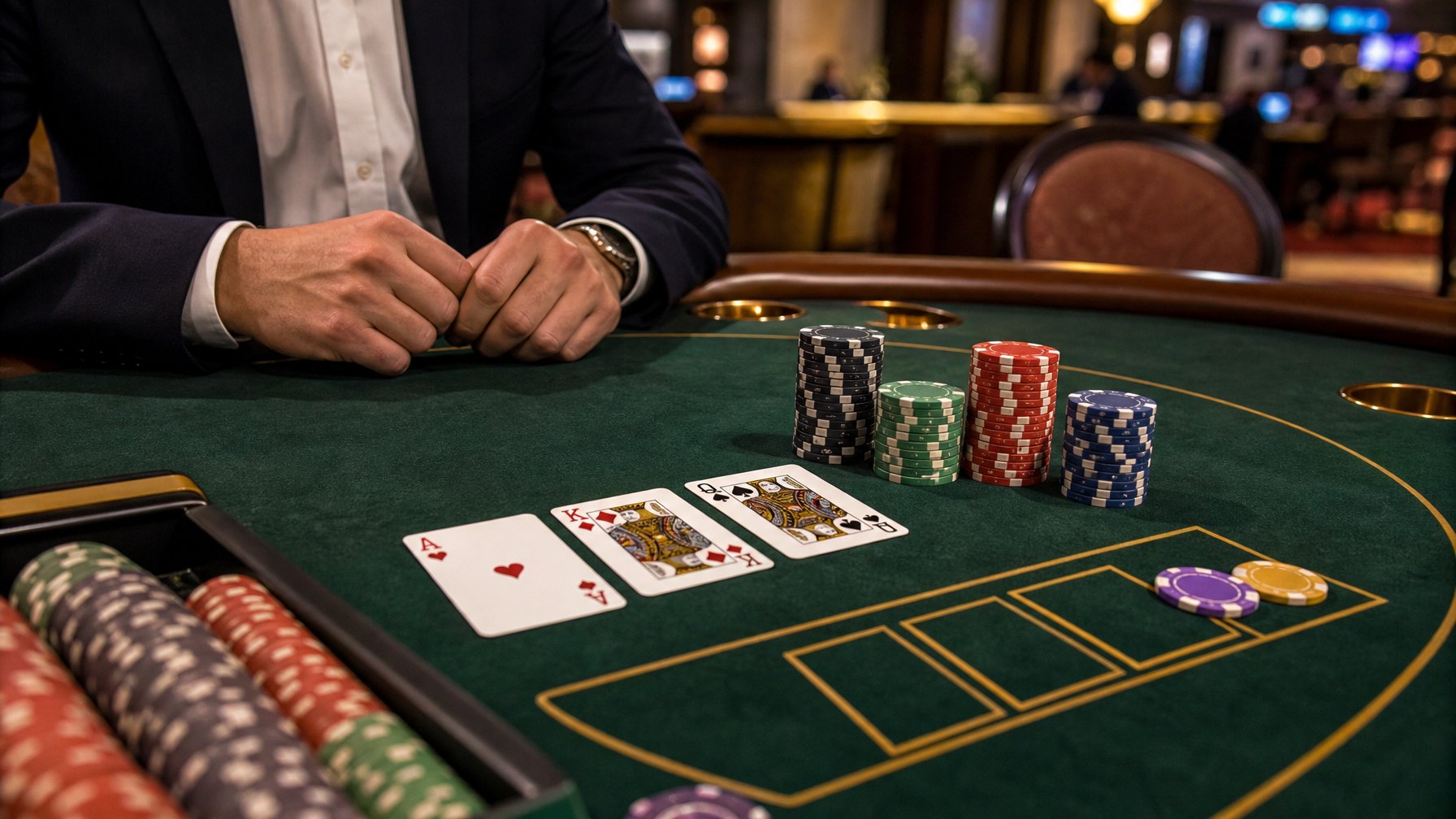 Tangan pemain menata kartu poker dan menyimpan taruhan di atas meja kasino.