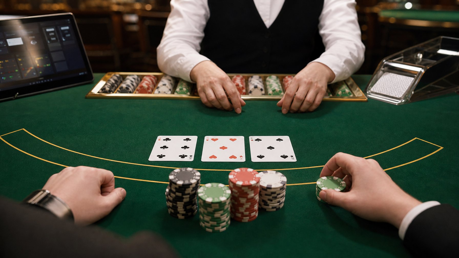 Meja poker tiga kartu dengan kartu, keping taruhan, dan tangan dealer dalam suasana kasino modern.