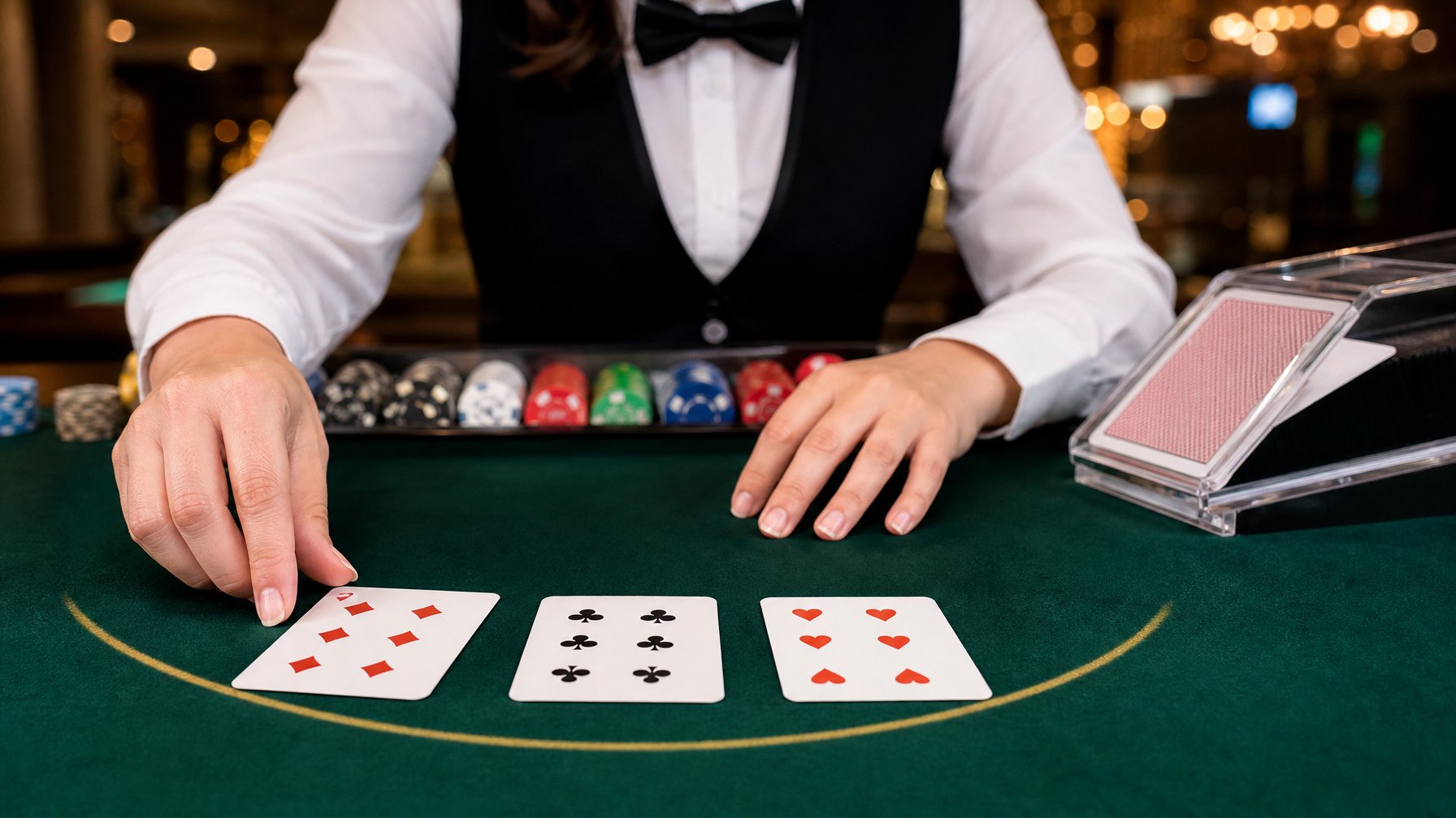 Dealer menata tiga kartu di atas meja permainan dengan chip dan perlengkapan kasino.