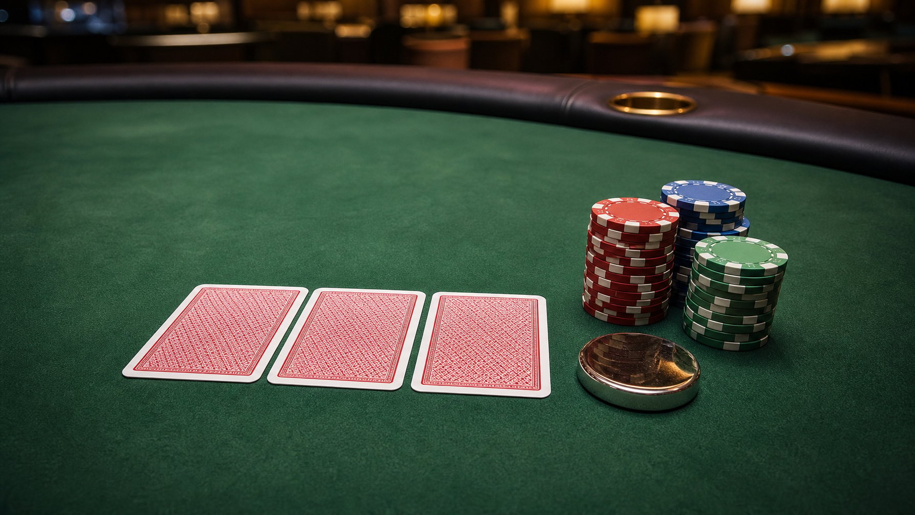 Meja poker hijau dengan tiga kartu tertutup, tumpukan keping taruhan, dan tombol dealer di lingkungan kasino.