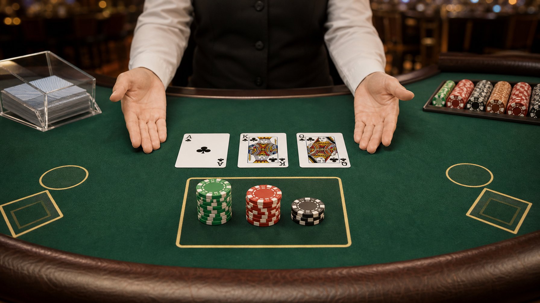 Meja poker dengan kartu terbuka, keping taruhan, dan tangan dealer yang menyusun permainan.