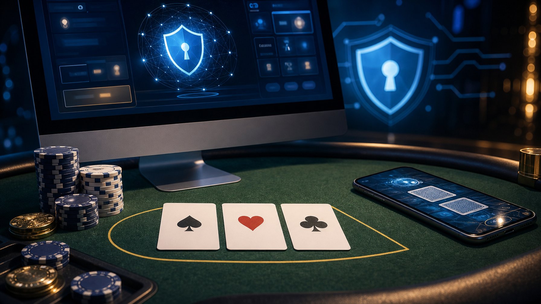 Meja permainan dengan tiga kartu poker, keping kasino, dan perangkat digital dalam suasana modern.