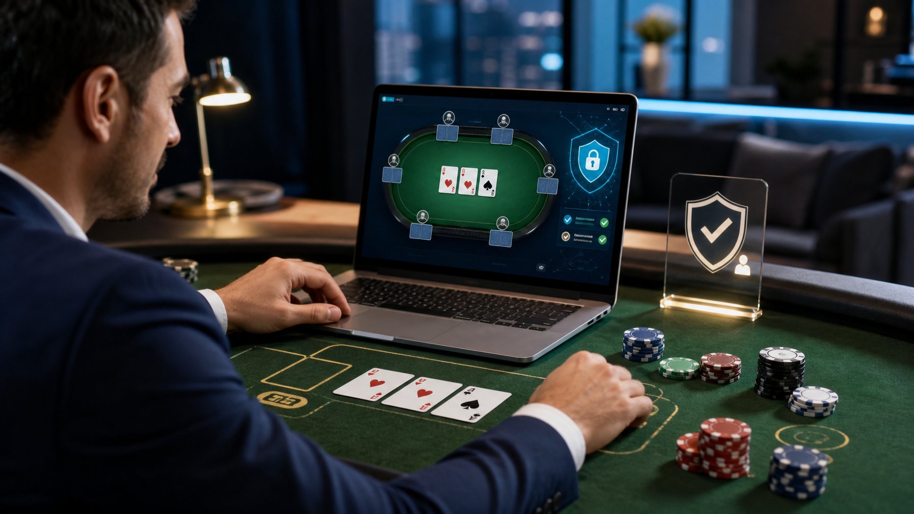 Pengguna meninjau platform poker online terpercaya di dekat meja dengan kartu dan chip poker.