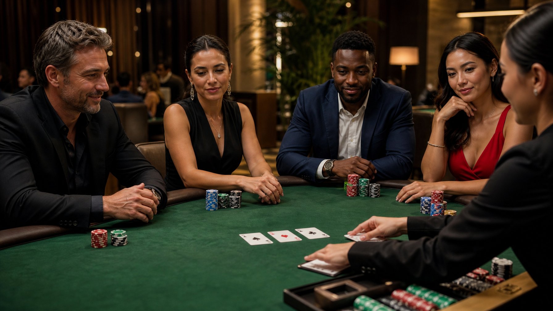 Meja poker hijau dengan tiga kartu, keping taruhan, dan pemain dewasa dalam suasana kasino modern.