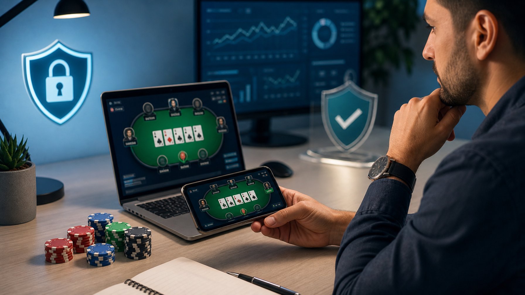 Seseorang memeriksa keamanan platform poker langsung menggunakan laptop dan ponsel dengan simbol perisai serta kartu poker di meja.