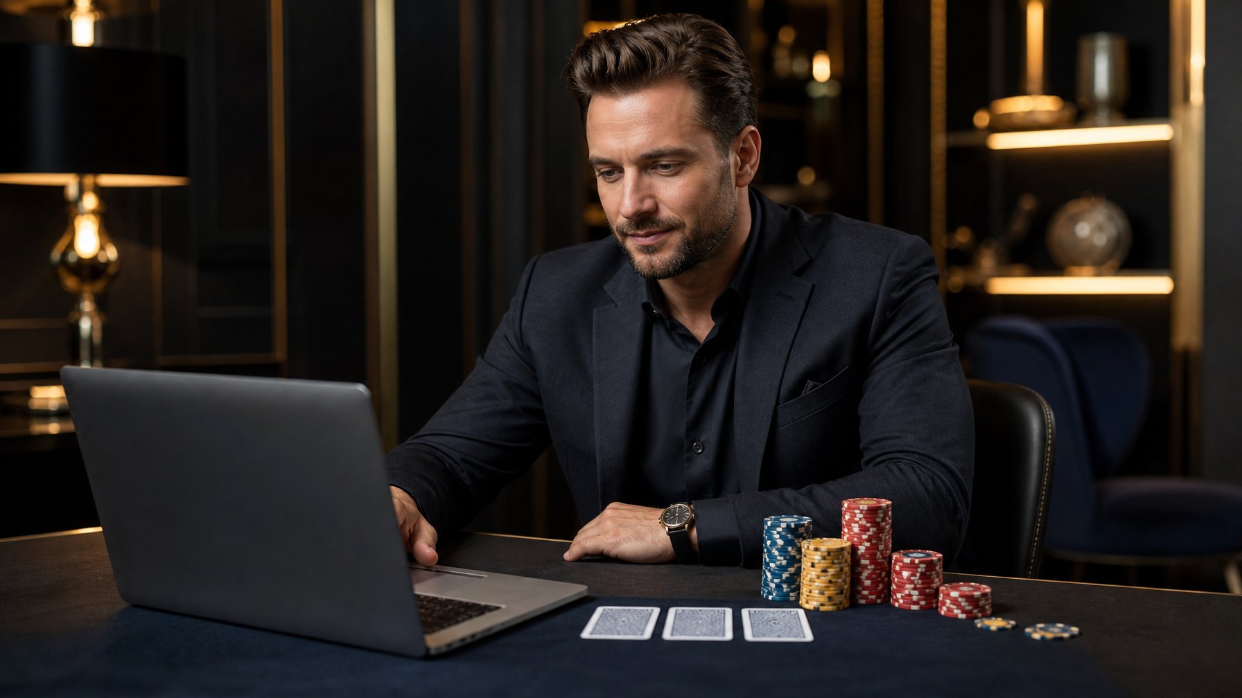 Seorang pemain dewasa menggunakan laptop untuk bermain poker tiga kartu di meja dengan kartu dan menjaga poker dalam suasana kasino modern.