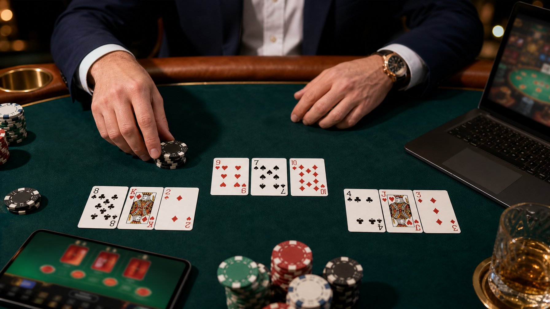Tangan pemain menata tiga kartu poker dan menyimpan taruhan di atas meja kasino.