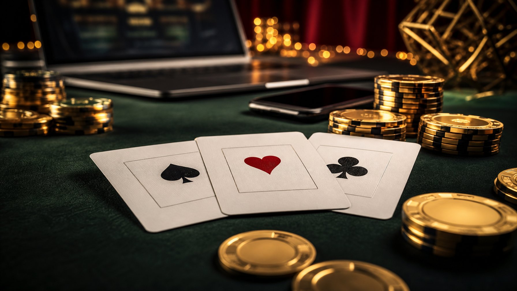 Tiga kartu poker dan meja kasino tersusun di atas meja hijau dengan latar belakang perangkat digital yang buram.