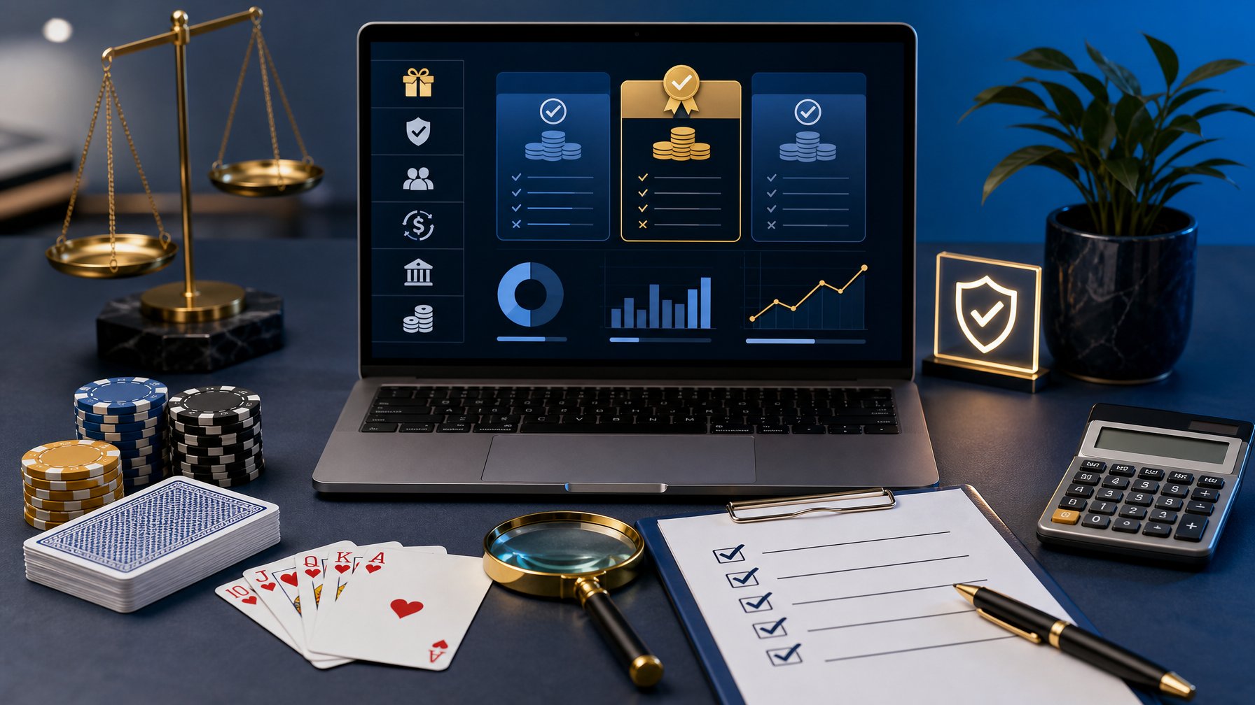 Meja modern dengan kartu poker, koin, komputer, kaca pembesar, dan laptop yang menampilkan grafik abstrak.