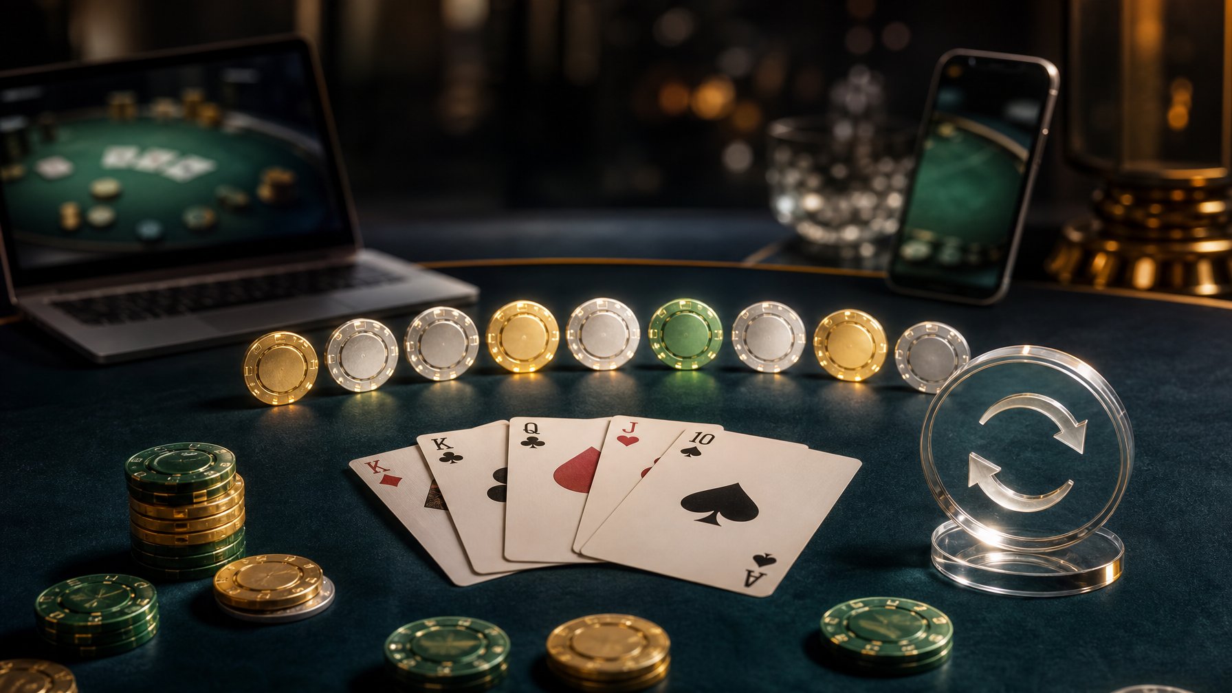 Meja poker elegan dengan kartu, keping taruhan, dan simbol hadiah cashback.