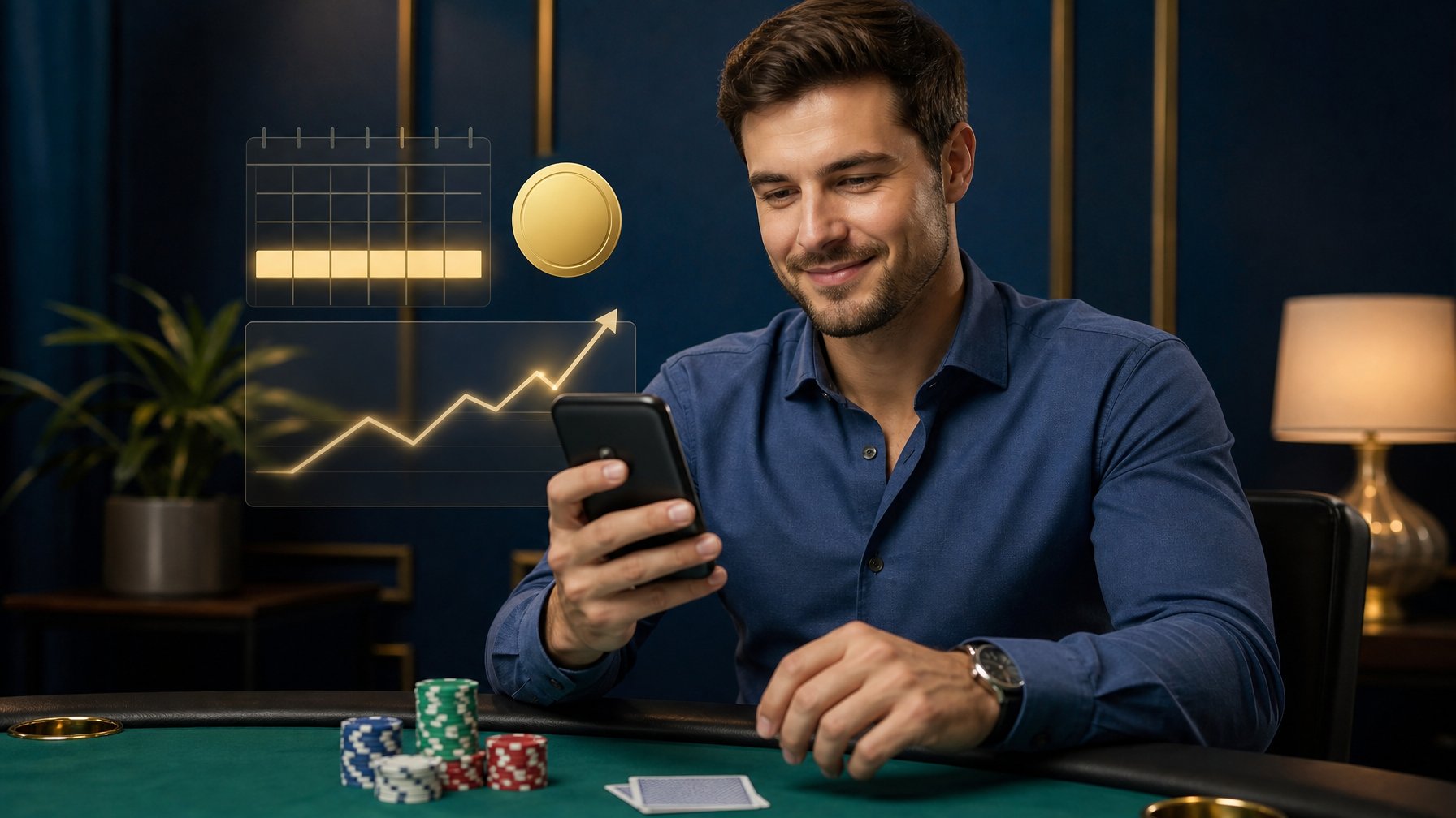 Seseorang memeriksa hadiah cashback mingguan di dekat meja poker dengan kartu dan penyimpanan permainan.
