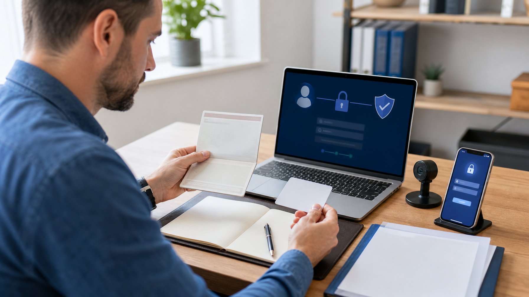 Seseorang memeriksa dokumen identitas di meja kerja di samping laptop dan ponsel untuk proses verifikasi akun.
