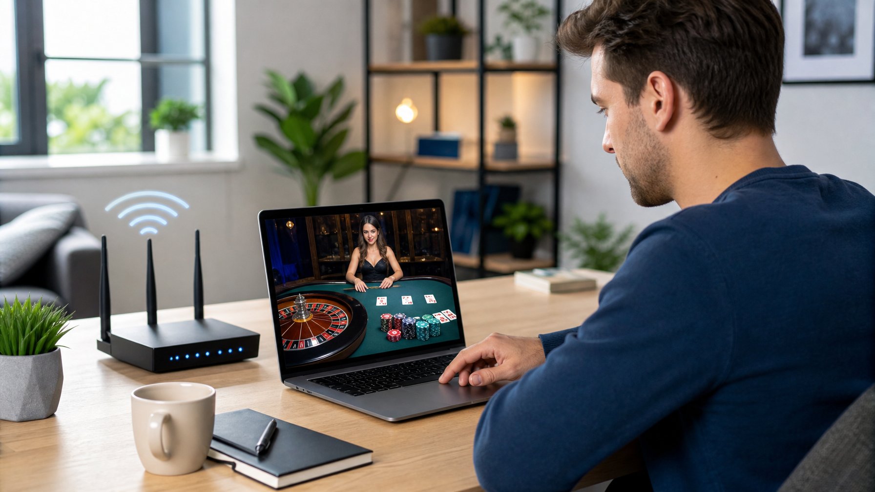 Seorang pemula bermain kasino online melalui laptop di meja kerja dengan koneksi internet yang stabil.