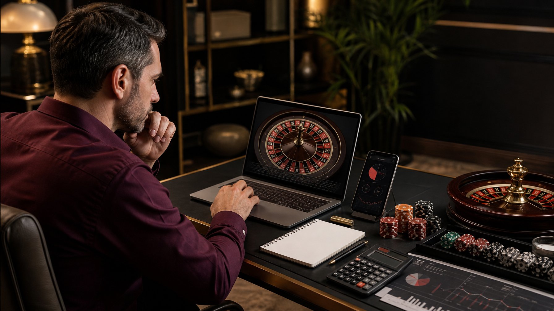 Orang dewasa sedang menganalisis permainan roulette online di meja dengan laptop, ponsel, keping taruhan, dan roda roulette.