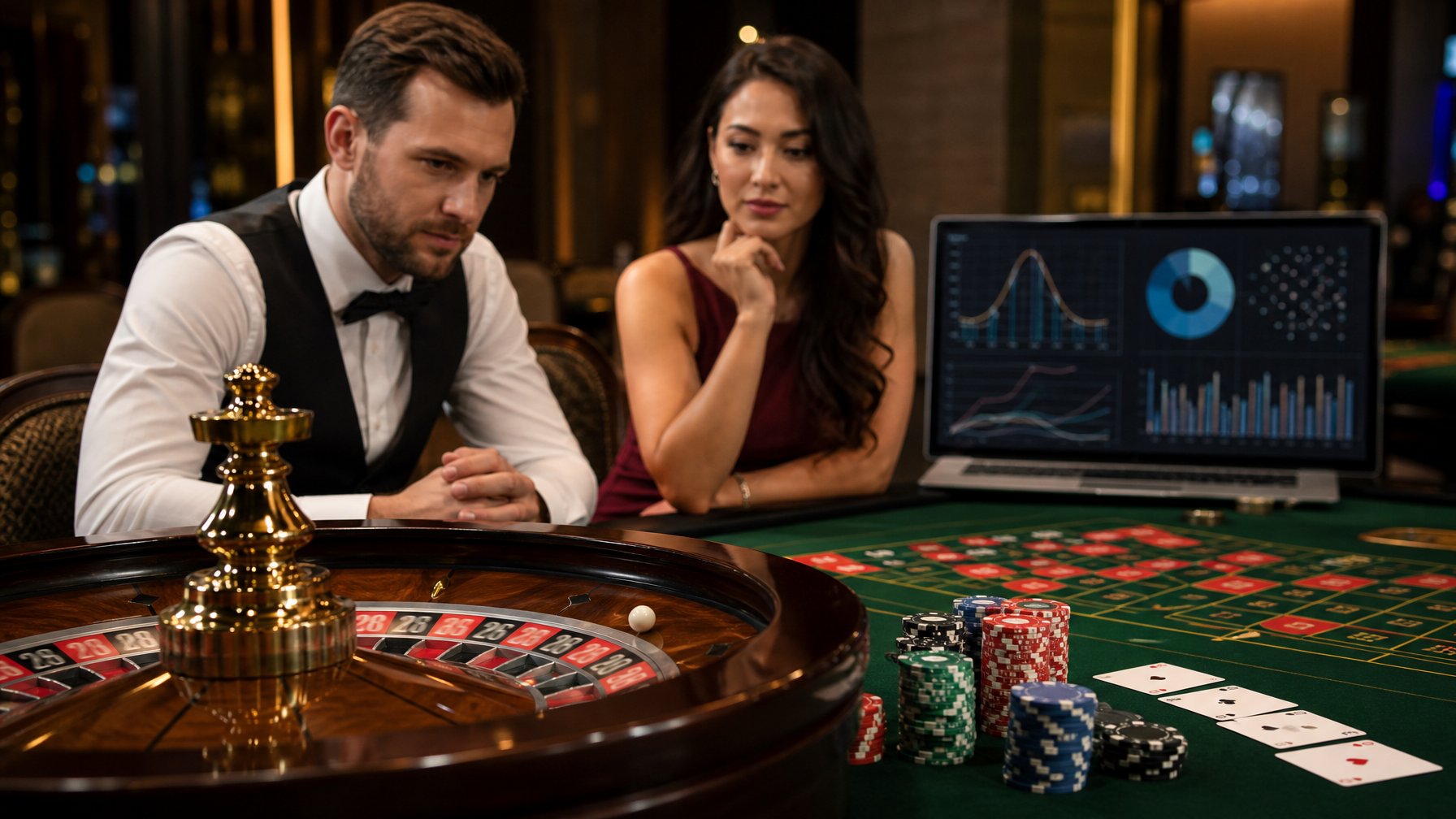 Pemain dan bandar mengamati roda roulette dengan chip serta grafik kemungkinan di meja kasino.