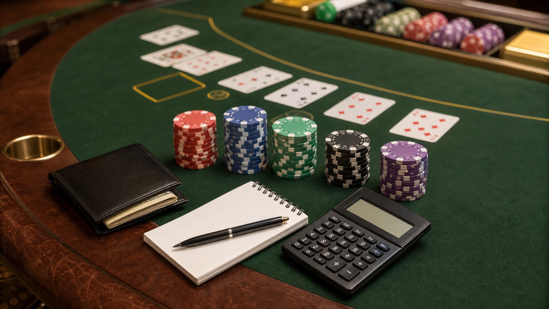 Tumpukan chip baccarat yang dibagi rapi di samping dompet, kalkulator, dan buku catatan kosong di atas meja kasino.
