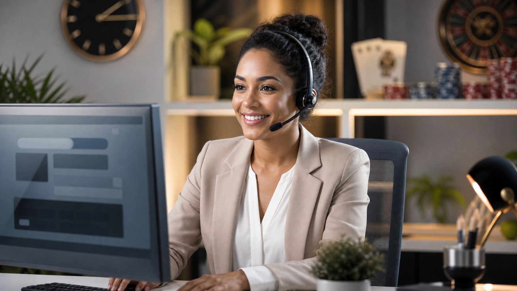 Petugas layanan pelanggan tersenyum membantu pengguna melalui headset di kantor modern dengan elemen kasino yang samar di latar belakang.