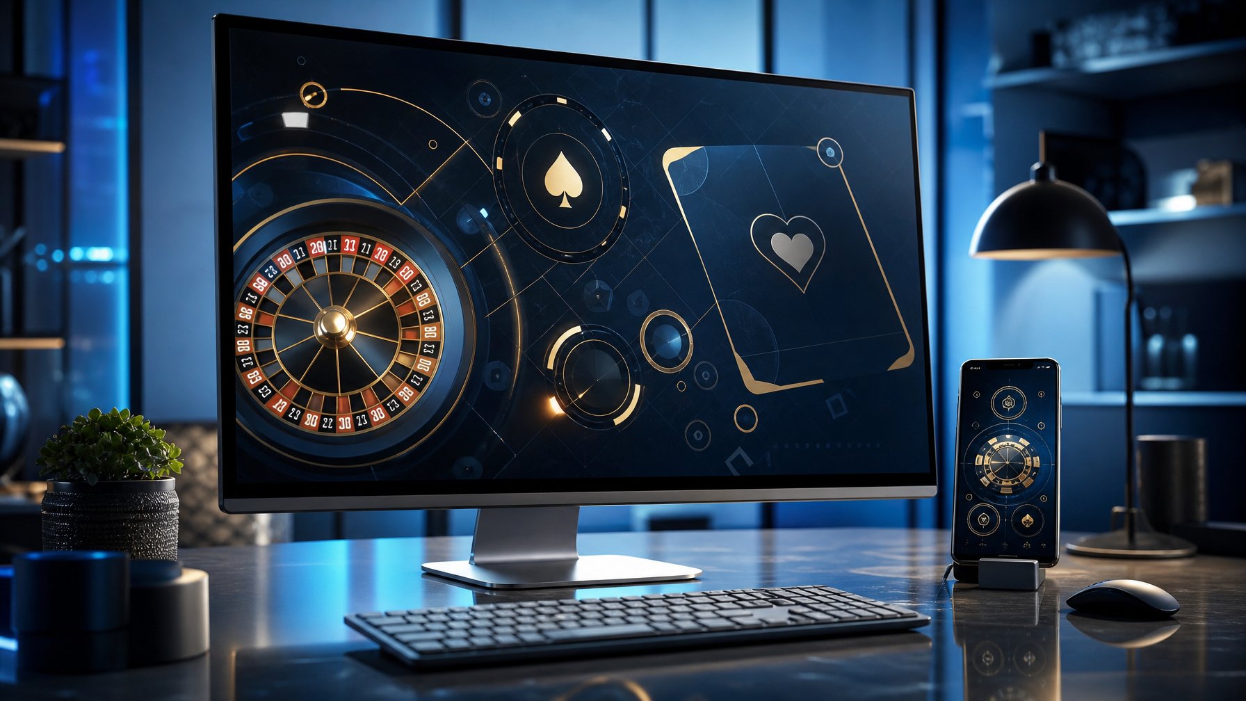 Monitor dan ponsel menampilkan antarmuka digital abstrak bertema permainan dengan nuansa biru dan emas.