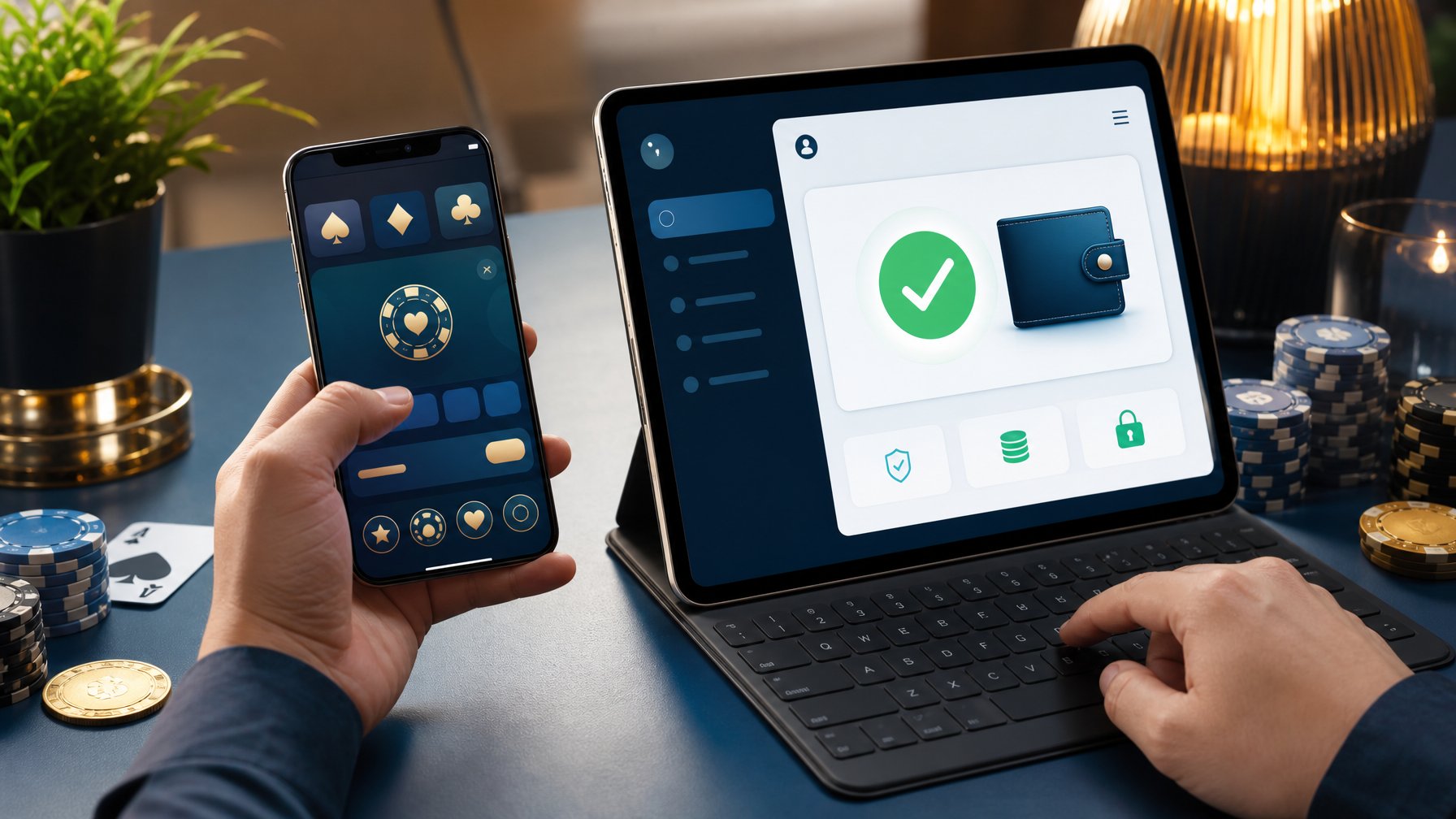 Smartphone dan tablet menampilkan pembayaran dompet digital untuk permainan kasino online, disertai kartu dan penyimpanan poker di atas meja.
