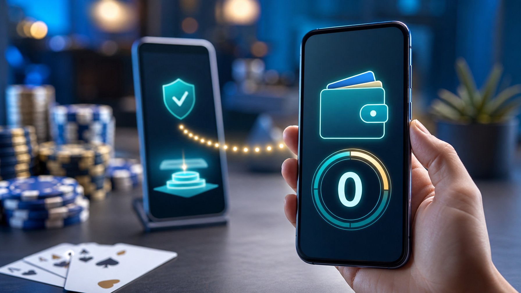 Ponsel menampilkan antarmuka dompet digital dengan simbol transaksi tanpa biaya, termasuk perangkat pembayaran dan elemen kasino yang samar.