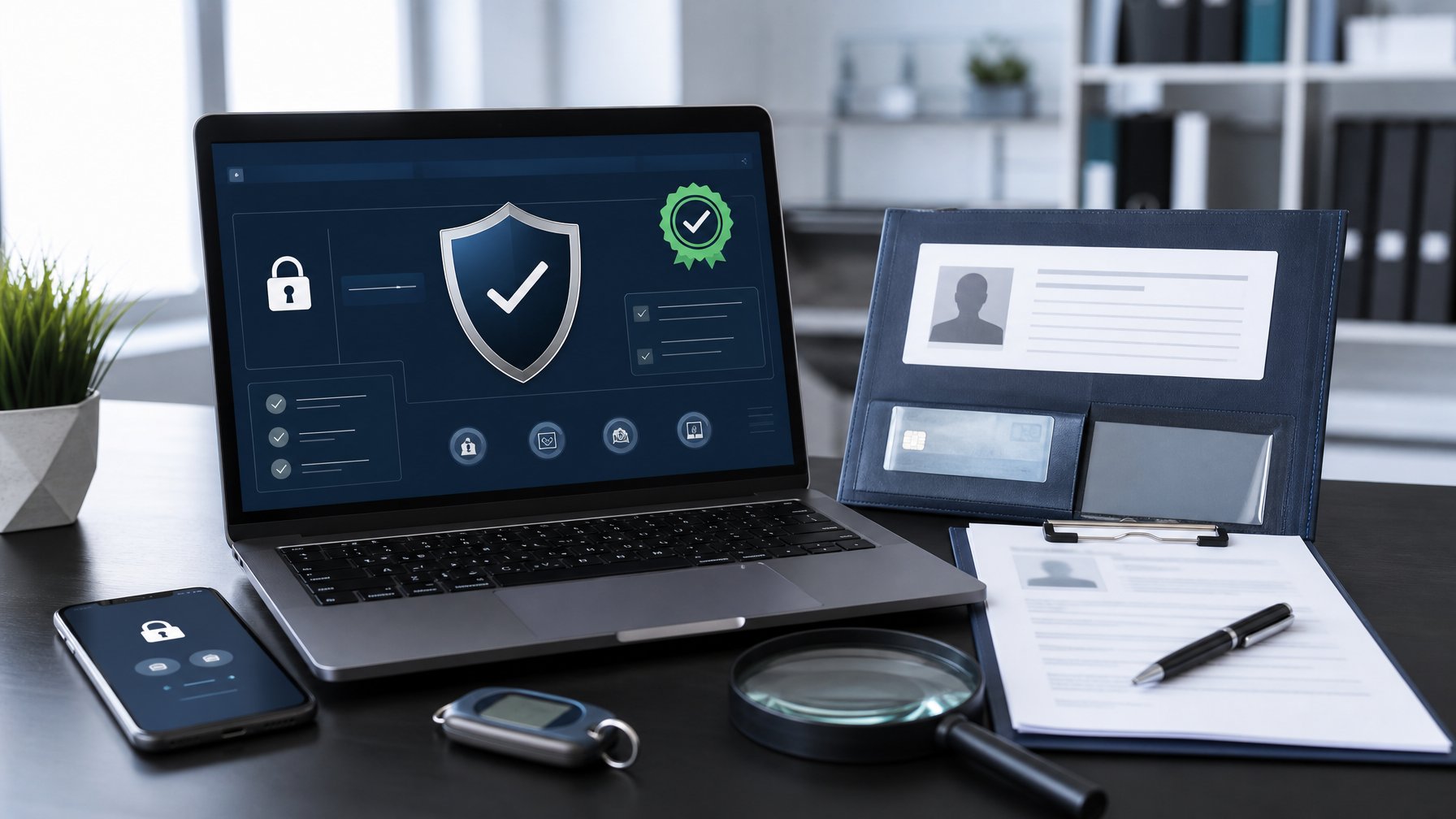 Laptop dengan simbol keamanan, dokumen verifikasi, kaca pembesar, dan ponsel di meja kerja.