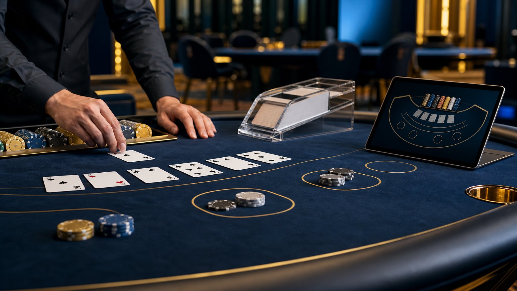 Meja blackjack dengan kartu, keping taruhan, dan tangan dealer di dalam kasino modern.