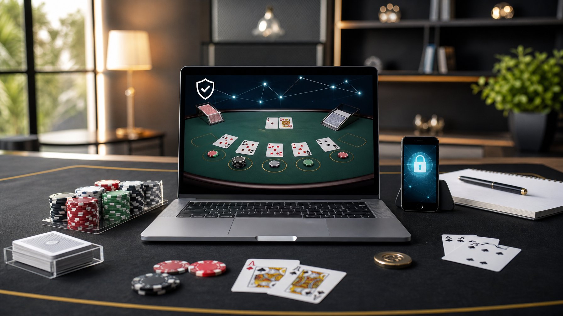 Laptop dengan antarmuka blackjack umum di samping meja blackjack, kartu, chip kasino, dan simbol perisai keamanan.