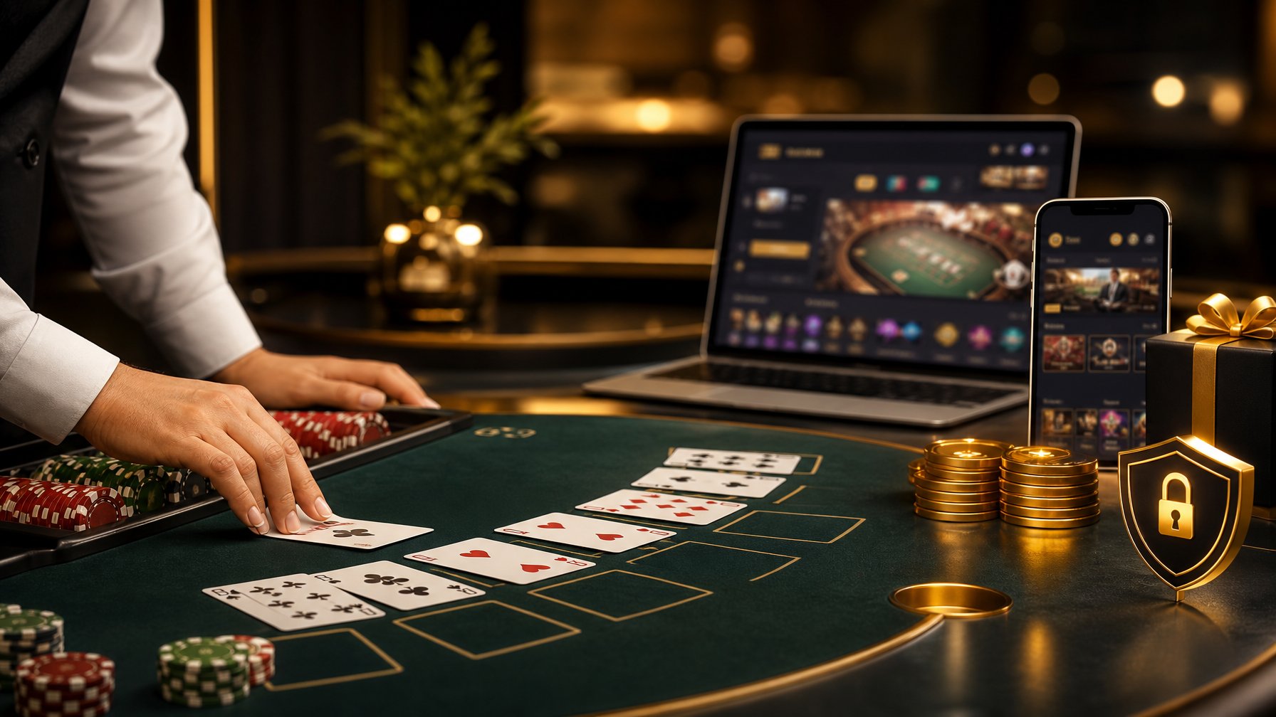 Meja blackjack premium dengan kartu, chip kasino, laptop, dan ponsel dalam suasana elegan.