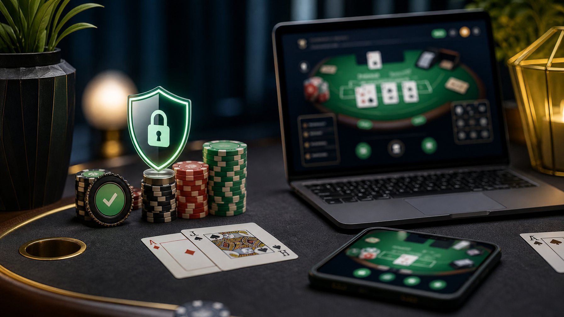 Meja blackjack dengan kartu, keping kasino, dan perangkat digital yang menampilkan simbol keamanan.