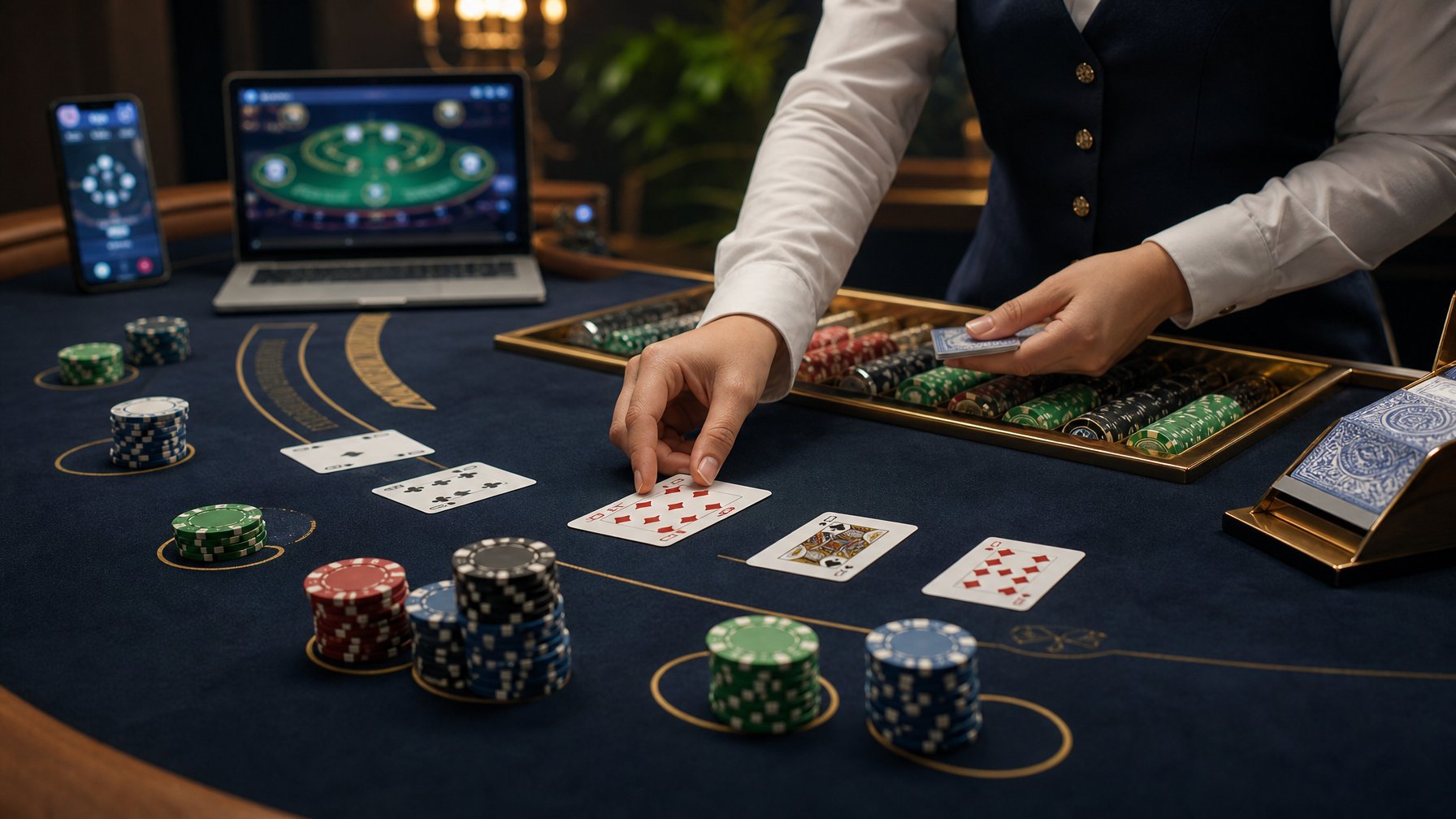 Meja blackjack dengan kartu, penyimpanan taruhan, dan perangkat digital di lingkungan kasino modern.