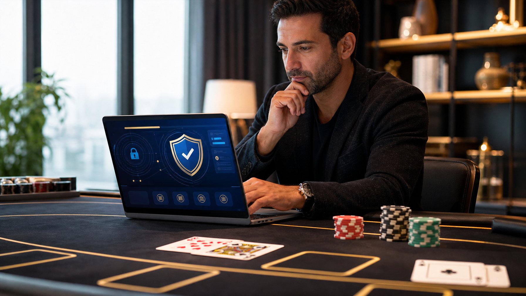 Seseorang memeriksa platform blackjack online yang aman di laptop di samping meja blackjack dengan kartu dan menjaga kasino.