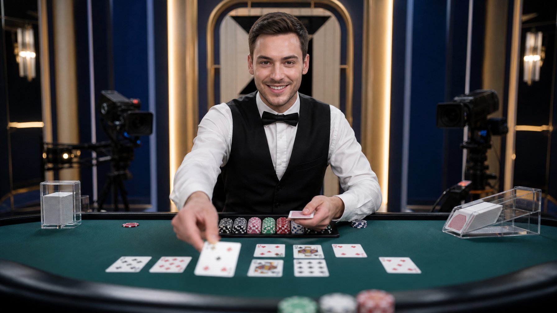 Dealer kasino membagikan kartu blackjack di meja kasino dengan menjaga taruhan di latar depan.
