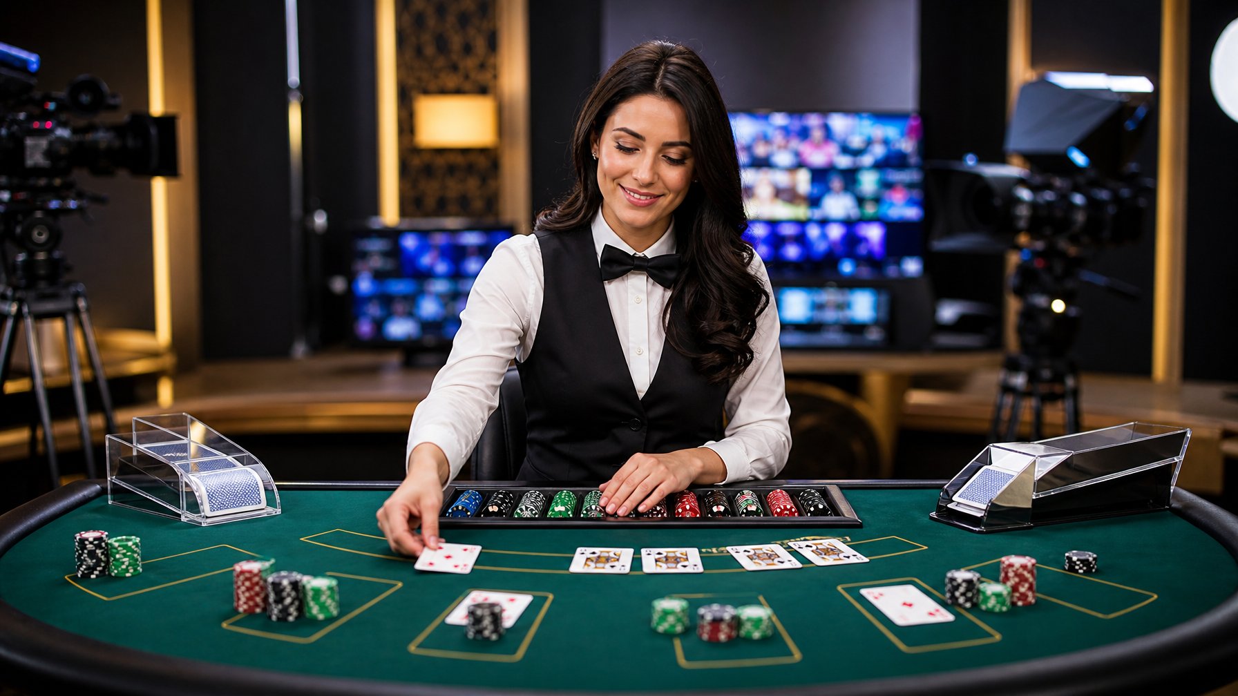 Dealer membagikan kartu blackjack di meja kasino dengan kamera dan pencahayaan studio di latar belakang.