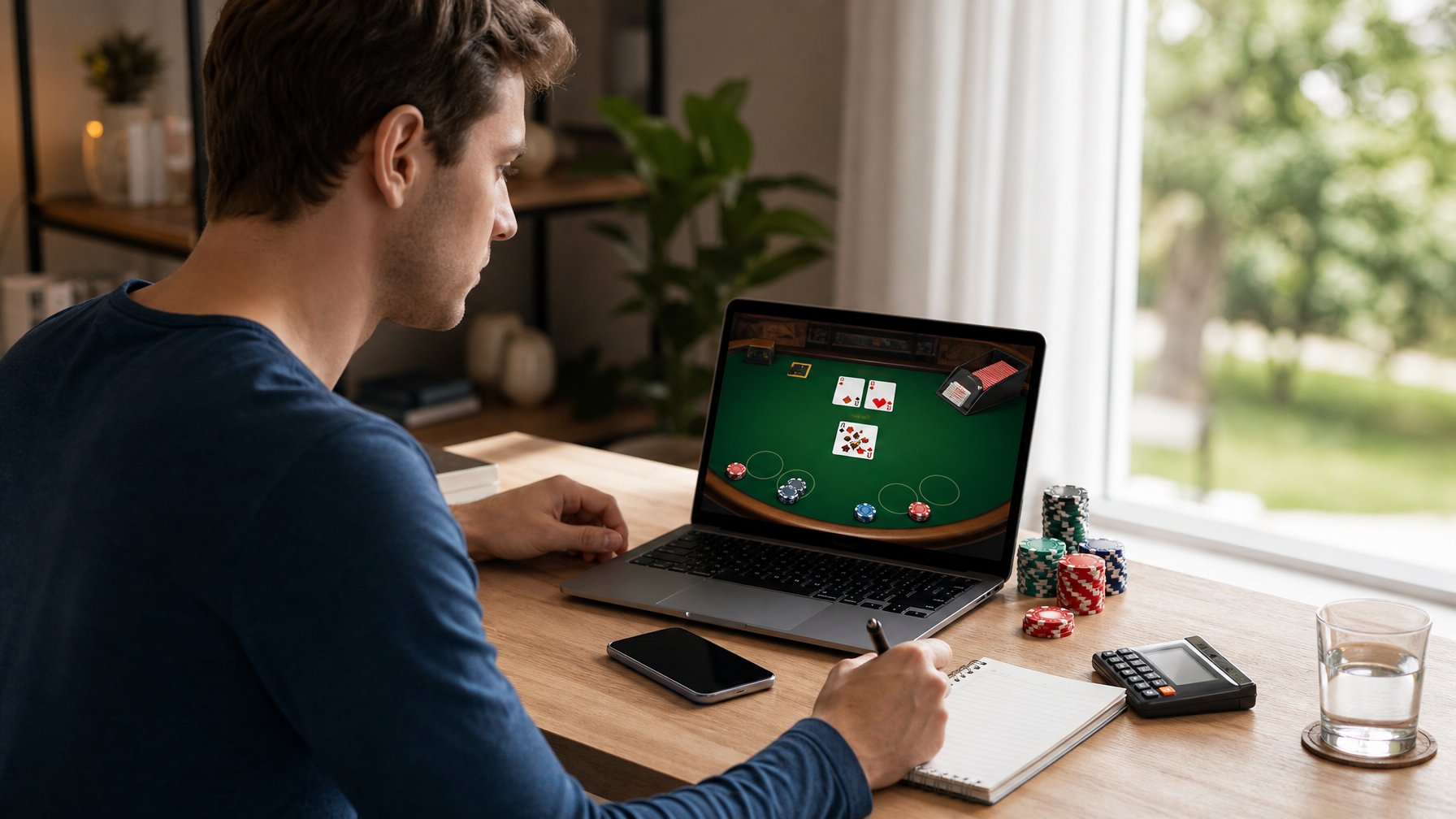 Seorang pemula mempelajari permainan blackjack online di laptop dengan kartu dan chip kasino di atas meja.