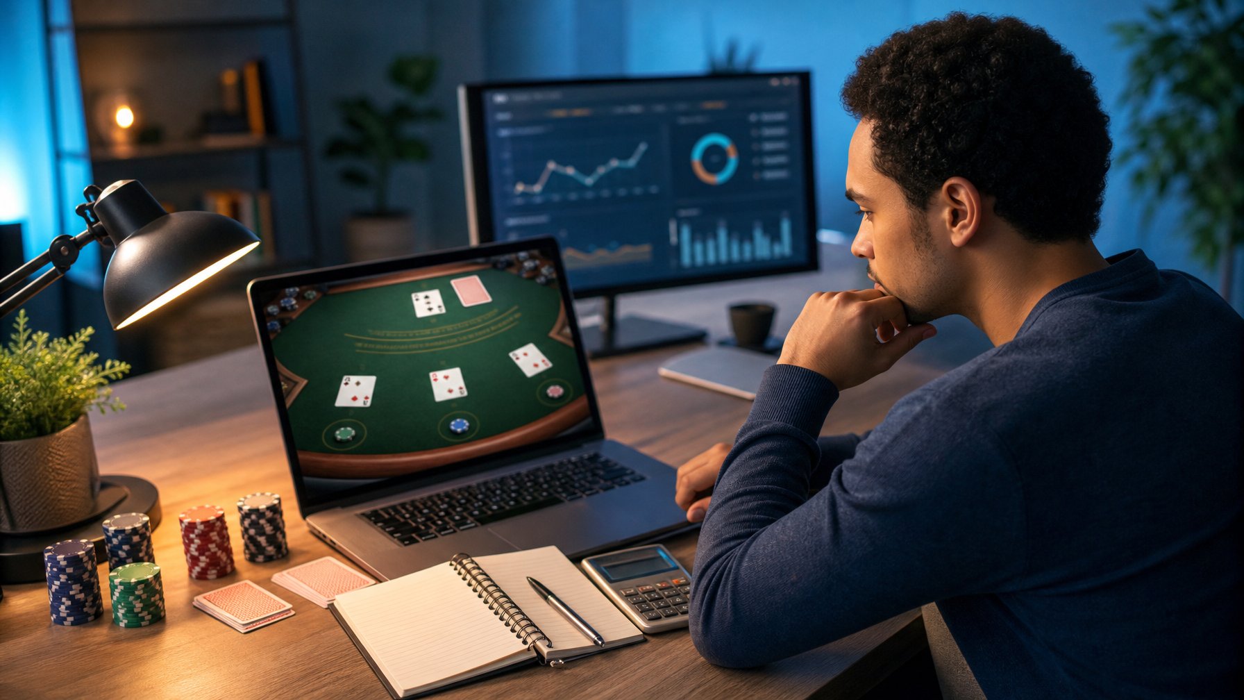 Pemula mempelajari permainan blackjack online di depan laptop dengan kartu dan menjaga kasino di meja.