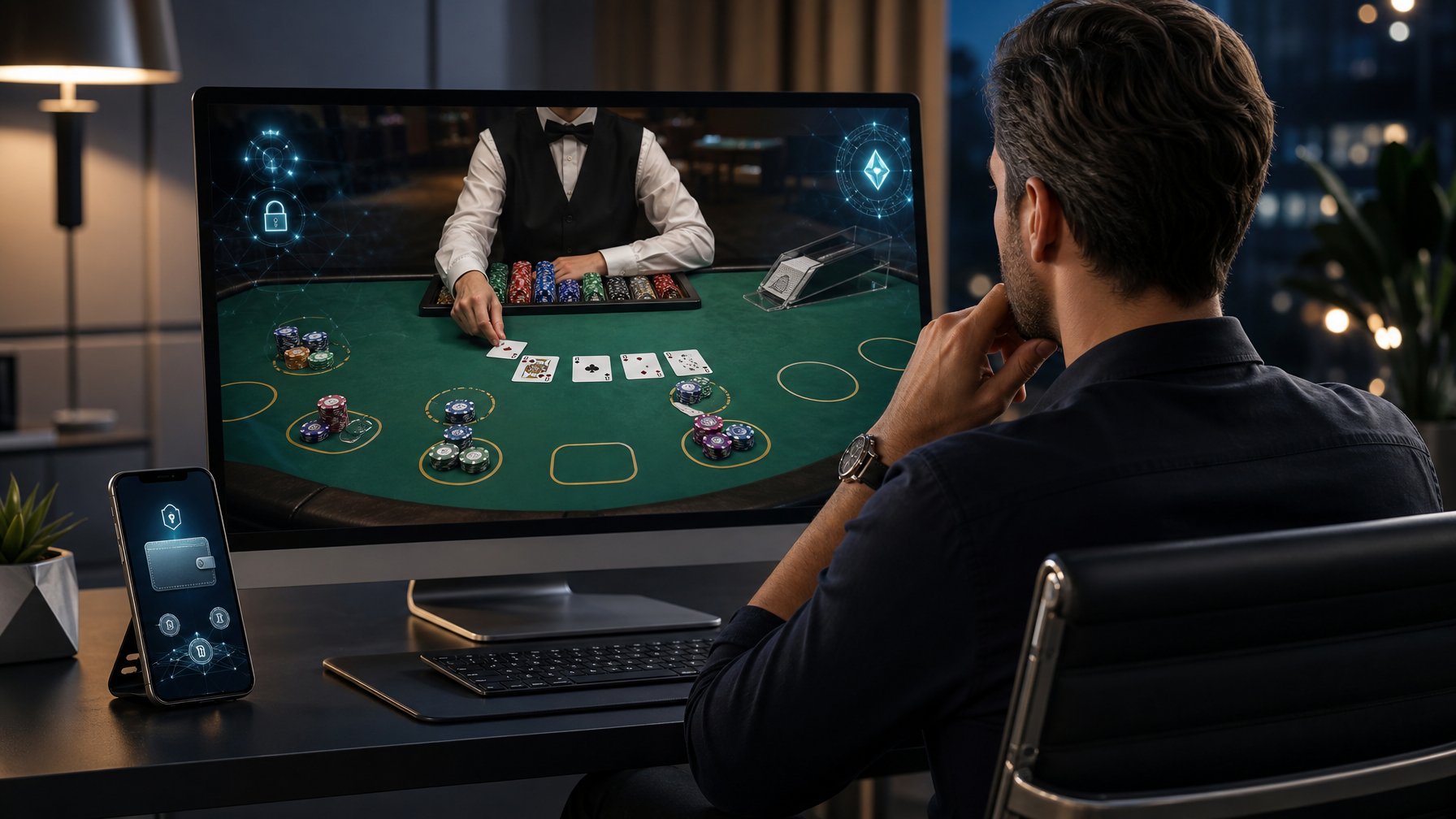 Seseorang melihat permainan blackjack digital di monitor dengan elemen dompet digital dan transaksi mata uang kripto.