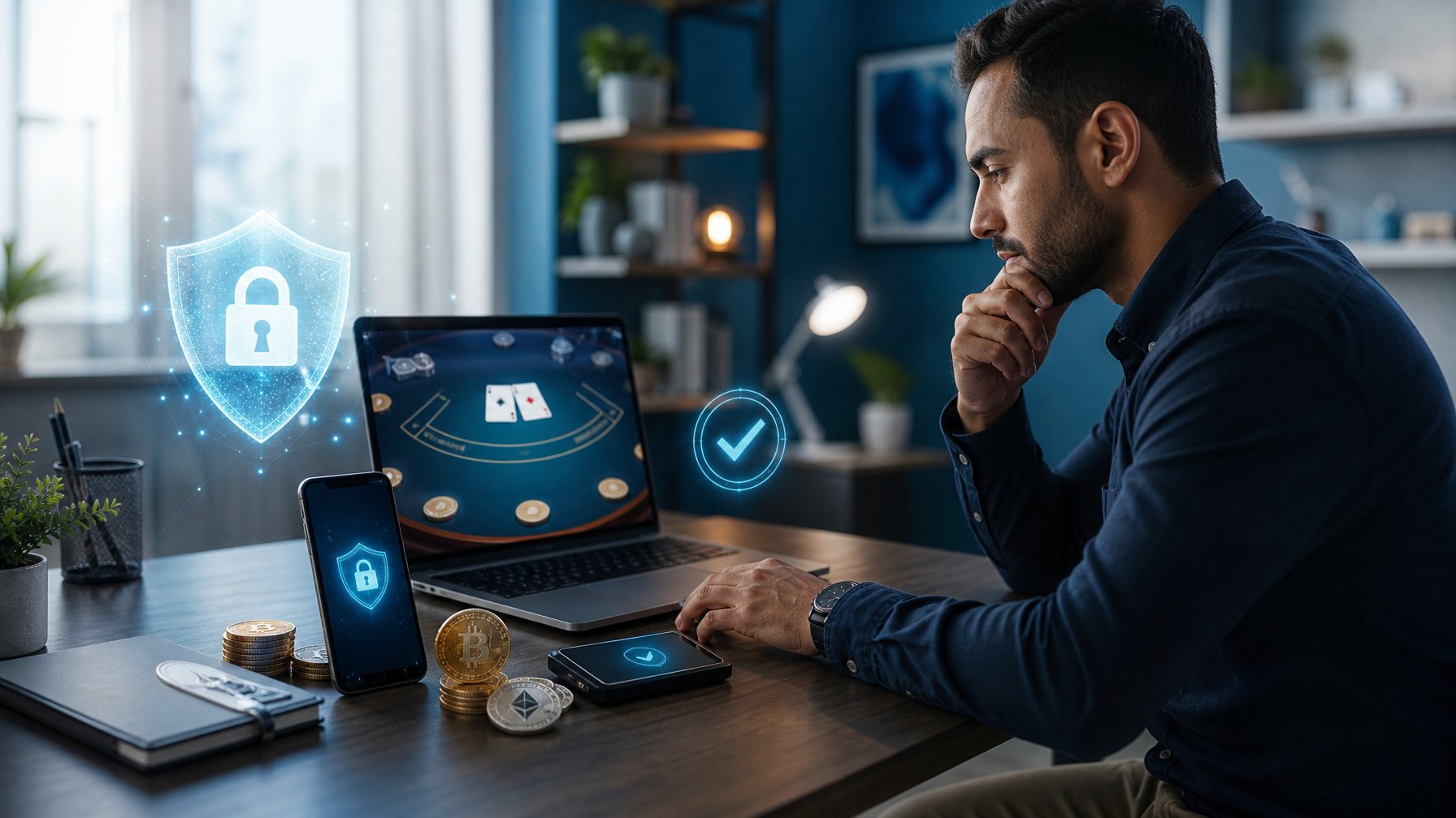 Seseorang memeriksa laptop, ponsel, dan dompet digital dengan simbol keamanan serta elemen kartu blackjack.
