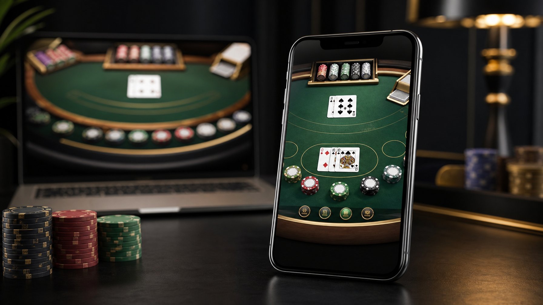 Smartphone menampilkan permainan blackjack dengan kartu dan chip di atas meja hijau, sementara perangkat lain tampak samar di latar belakang.