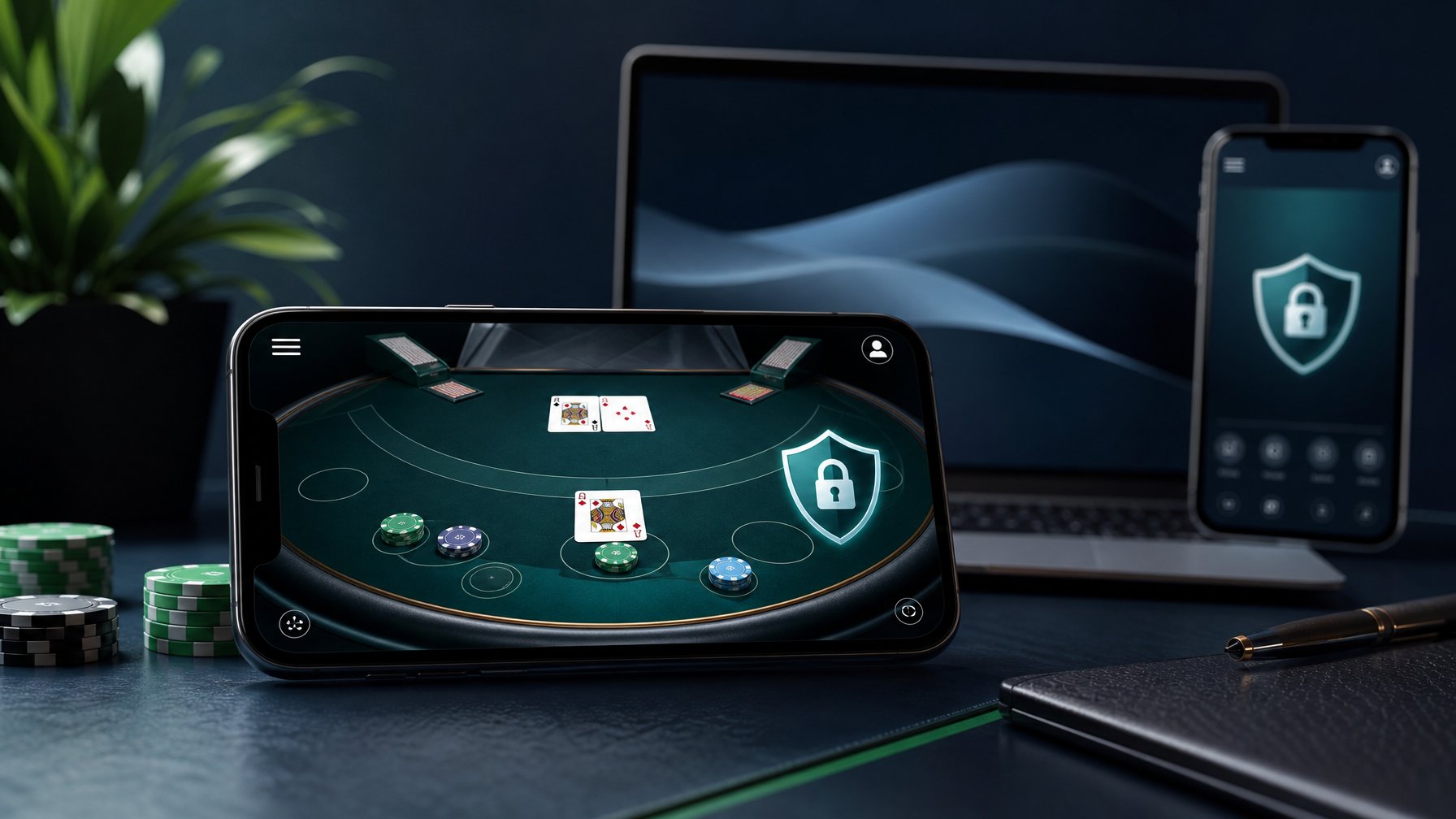 Ponsel menampilkan antarmuka permainan blackjack dengan ikon keamanan di atas meja modern.