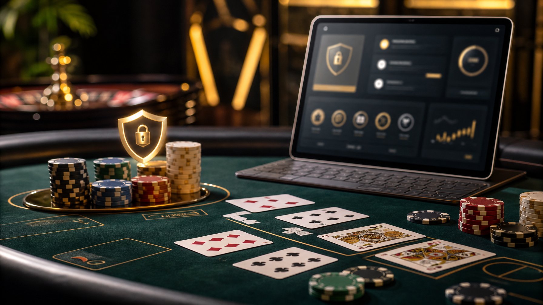 Meja blackjack dengan kartu, simpanan taruhan, dan perangkat digital yang menampilkan simbol keamanan.
