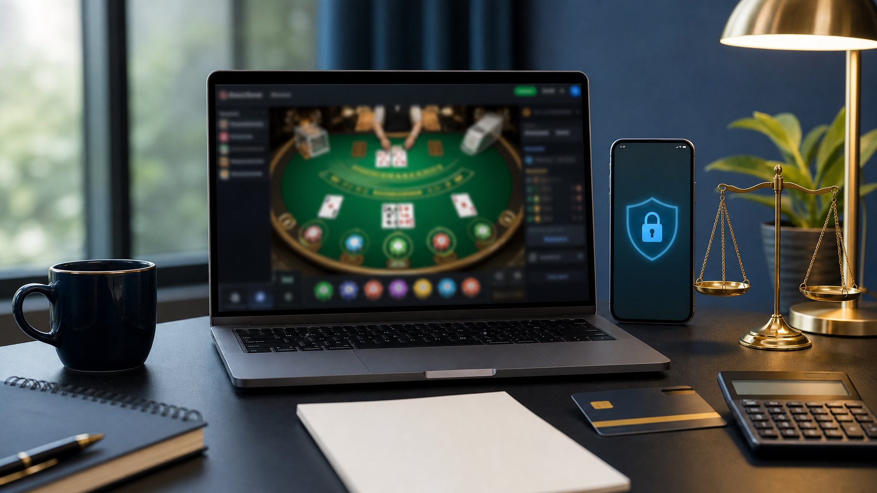 Laptop menampilkan meja blackjack dengan simbol keamanan, kalkulator, dan catatan kosong di sekitarnya.