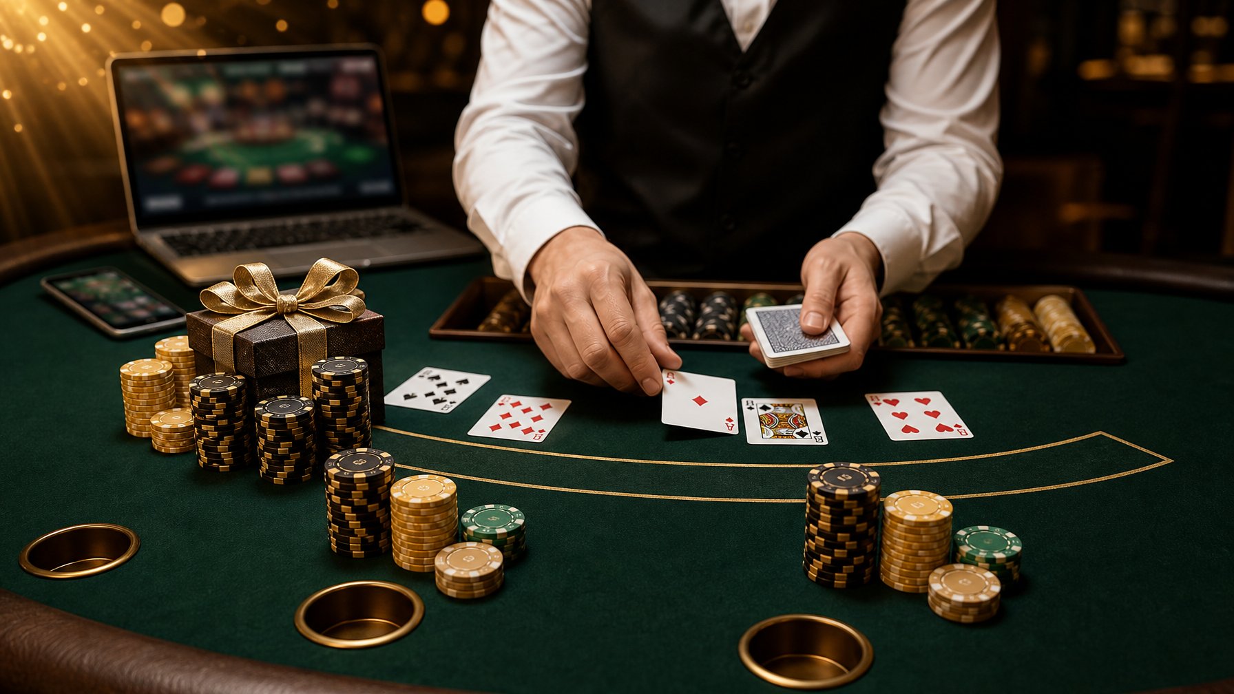 Meja blackjack dengan kartu, keping kasino, dan perangkat digital dalam suasana kasino elegan.